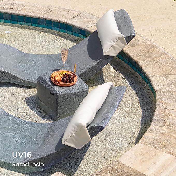 Aqua Outdoors in-Pool Chaise Set - Two Chaises - Two Headrest Pillows and One in Pool Side Table - for ledges up to 9" inches (Grey Granite-Blue)