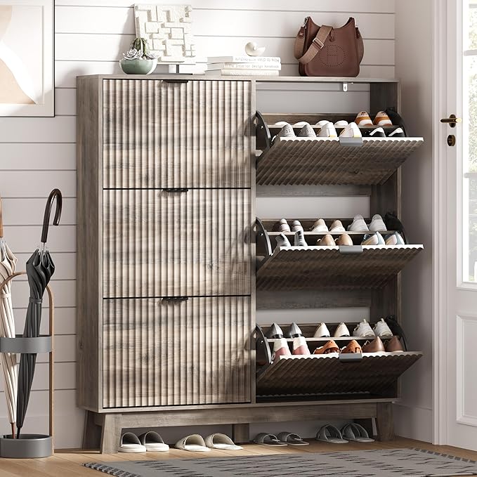 Shoe Cabinet Storage for Entryway with 6 Flip Drawers, Fluted Narrow Shoe Organizer with Wooden Legs, Freestanding Slim Shoe Storage Hidden Shoe Rack Organizer for Front Door Entrance, Grey