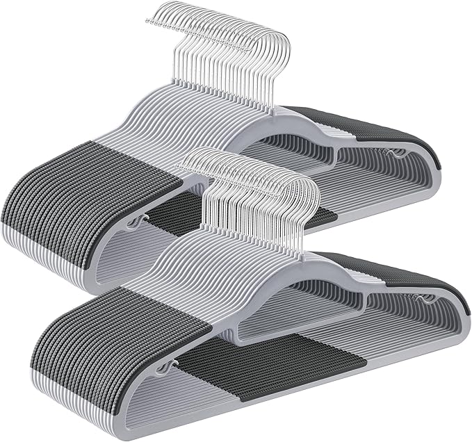 SONGMICS Pack of 50 Coat Hangers, Space-Saving Plastic Clothes Hangers, Non-Slip, 0.2 Inches Slim, 16.5 Inches Wide, 360° Swivel Silver Hook, Light Gray and Dark Gray UCRP20G50