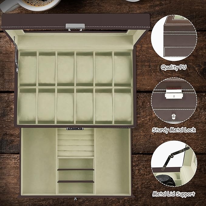 Ogrmar 12 Slot PU Leather Lockable Watch Storage Boxes, Men & Women Jewelry Display Drawer Case, 2-tier Organizer Watch Showcase with Glass Lid (Brown)