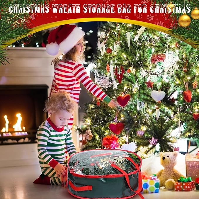Shappy 4 Pcs Christmas Wreath Storage Bag Wreath Storage Container with Clear Window Plaid Box with Handles for Storing Garland Holiday Wrapping(Green,30 x 7 Inch)