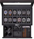 ROTHWELL 12-Slot Matte Black Watch Box with Valet Drawer - Premium Jewelry Display Case Organizer with Locking Glass Top and Microsuede Liner for Men & Women (Carbon Interior)