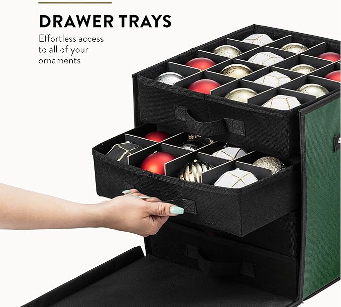 ZOBER Christmas Ornament Storage Box - Stores 64 3" Ornaments with Drawer Style Trays - Tear Proof 600D Oxford Fabric - Ornament Organizer Storage Box, Durable Christmas Containers Holder - Green