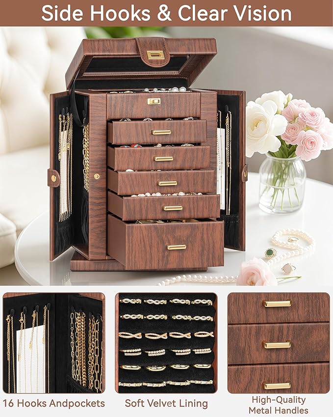 AKOZLIN 360° Rotating Jewelry Box 6-Tier Organizer Functional Jewelry Storage Case for Women Girls Ring Necklace Earring Bracelet Holder with Mirror Red Brown