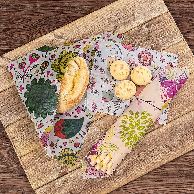 Akeeko Reusable Beeswax Food Wraps - Assorted 9 Packs, Reusable, Plastic-Free Food Storage, 5 Small, 2 Medium, 1 Large, 1 Extra Large Wraps with Plants and Boho Birds Pattern