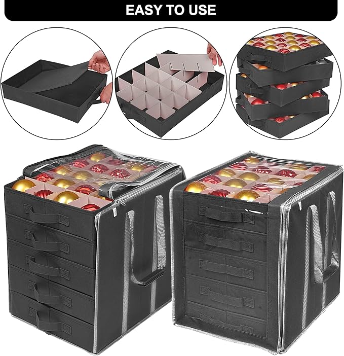 ProPik Christmas Ornament Storage Boxes with Dividers - 5 Separate Trays - Ornament Holder - Keeps 100 Holiday Ornaments - Durable Carrying Bag Handles Organizer Storage Box (Black)