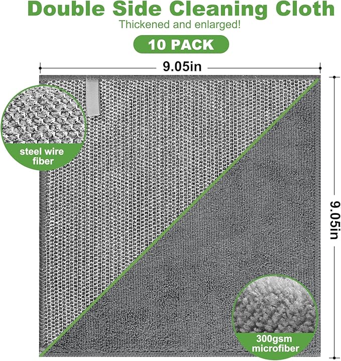 Jeymei 10 Counts Multipurpose Wire Dishwashing Rag,Non Scratch Wire Dishcloth,Microfiber Miracle Cleaning Cloth with Mesh,Dual-Sided Steel Mesh Cloth for Pot,Metal Scrubber for Washing Dishes,Grey