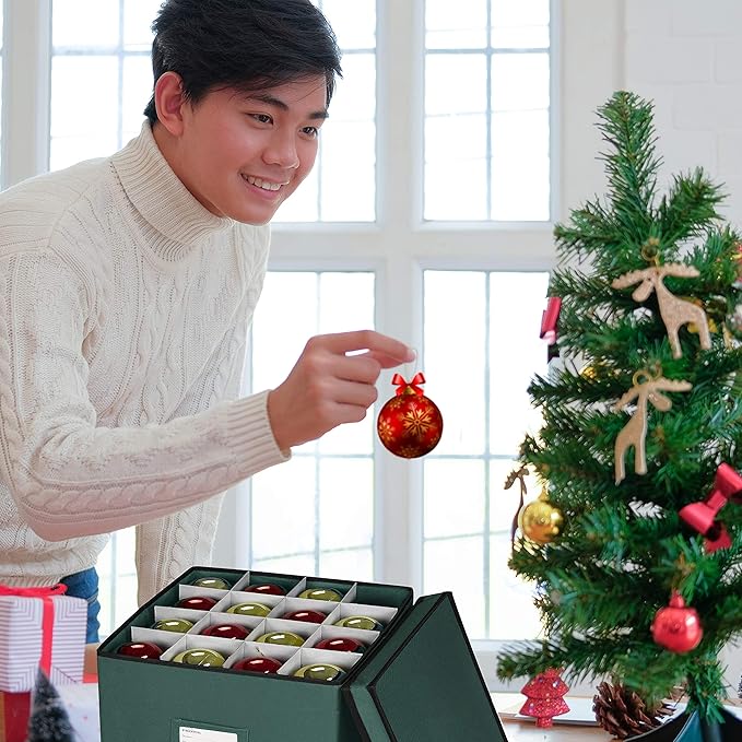 ProPik Christmas Ornament Storage Box, 4 Tier Holds Up to 64 Holiday Ornaments Decoration Balls, Storage Container with Dividers, Made with Durable 600D Oxford Polyester Material (Green)