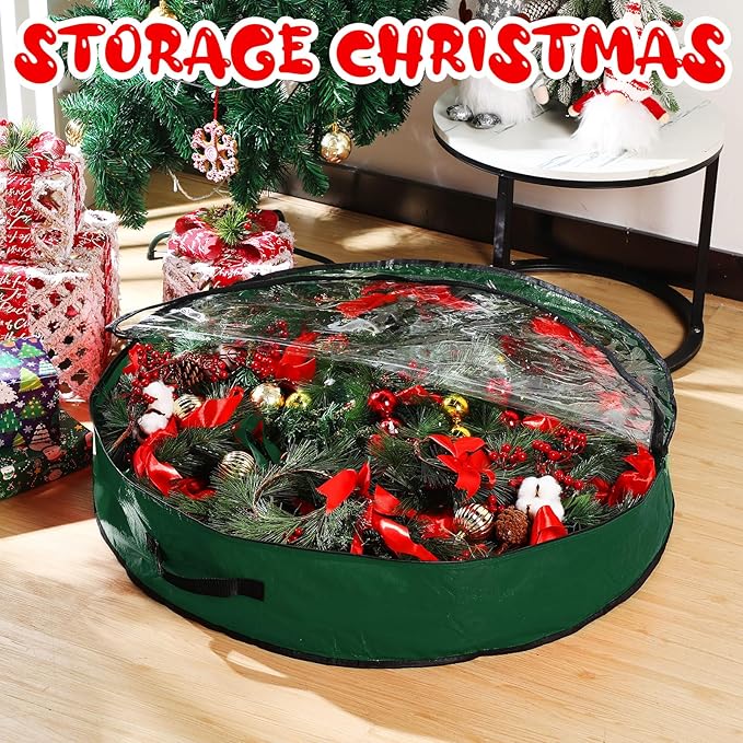 Aliceset 4 Pack Wreath Storage Containers, Christmas Ornament Garland Wreath Storage Bags with Handle Dual Zipper Large Decorative Storages Box for Winter Wreaths(36 x 36 x 7.8 Inch,Green)