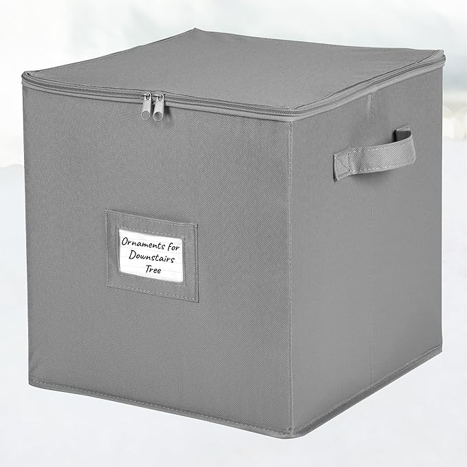 HOLDN’ STORAGE Christmas Ornament Storage Box - Christmas Decor Storage Containers that Store up to 64 – 3” x 3” Holiday Xmas Ornaments – Adjustable Compartment To Fit Many Sizes Ornaments – Grey.