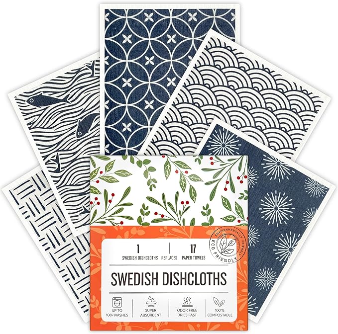 Augine Swedish Dishcloths, 5 Pack Swedish Dishcloths for Kitchen, Super Absorbent, Biodegradable, Quick Drying, Dishwasher Safe