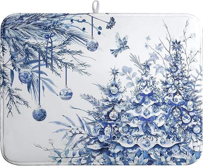 Wnoesat Christmas Tree Dish Drying Mat for Kitchen Counter 18x24 Inch Blue White Chinoiserie Winter Xmas Holiday Drying Mats Microfiber Absorbent Dish Draining Reusable Dish Drainer Pad