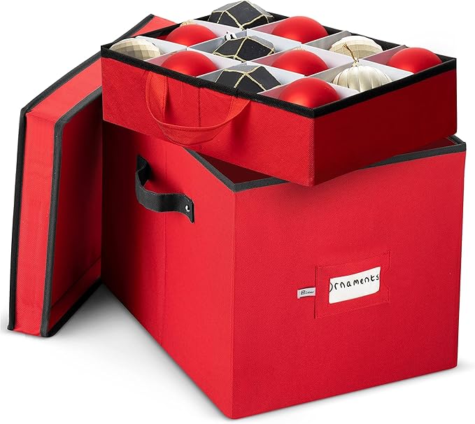 ZOBER Christmas Ornament Storage Box - Stores 36 4" Large Ornaments with Individual Trays - Tear Proof 600D Oxford Fabric - Ornament Organizer Storage Box, Durable Christmas Containers Holder - Red