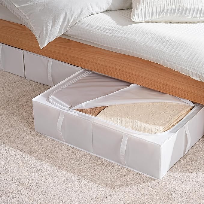 TYEERS Under Bed Storage Containers, Durable Fabric, Washable, Collapsible, Under Bed Storage Bins for Clothes, Blankets, Sheets, Shoes, 27.5x16.5x7 Inches, 1-Pack, White
