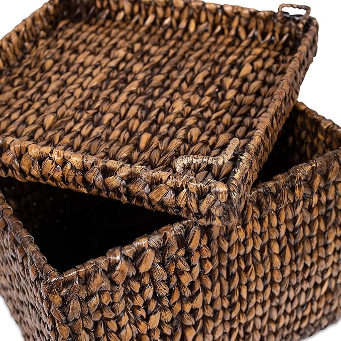BIRDROCK HOME Storage Cube Box with Lid - Brown Wash Seagrass - Hand Woven Container for Blankets Pillows - Sturdy Metal Frame