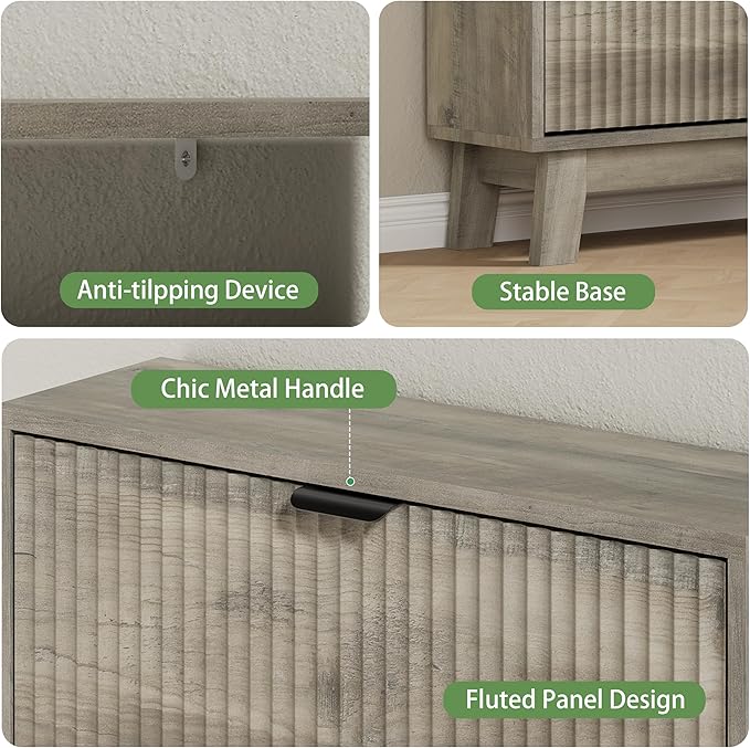 Shoe Cabinet with 2 Flip Drawers, 37" Tall Narrow Fluted Shoe Storage Organizer for Entryway, Hidden Slim Wooden Shoe Rack Cabinet for Front Door Entrance, Hallway, Living Room, Light Grey