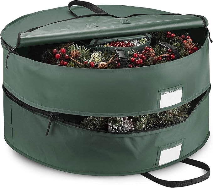 ZOBER Christmas Wreath Storage Container 24 Inch - Wreath Bag Fits 2 Wreaths Box - 600D Oxford Fabric - Interior Compartment for Storing Garlands, Wreaths Storage Bag W Strong Durable Handles - Green