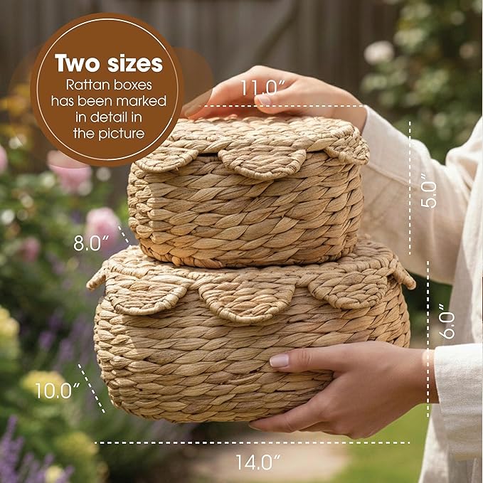 Boho Rattan Basket Set of 2, Scalloped Wicker Storage Baskets with Lids, Handwoven Woven Storage Basket Decorative Basket, Vintage Picnic Basket, Wicker Bread Basket, Natural Decorative Storage