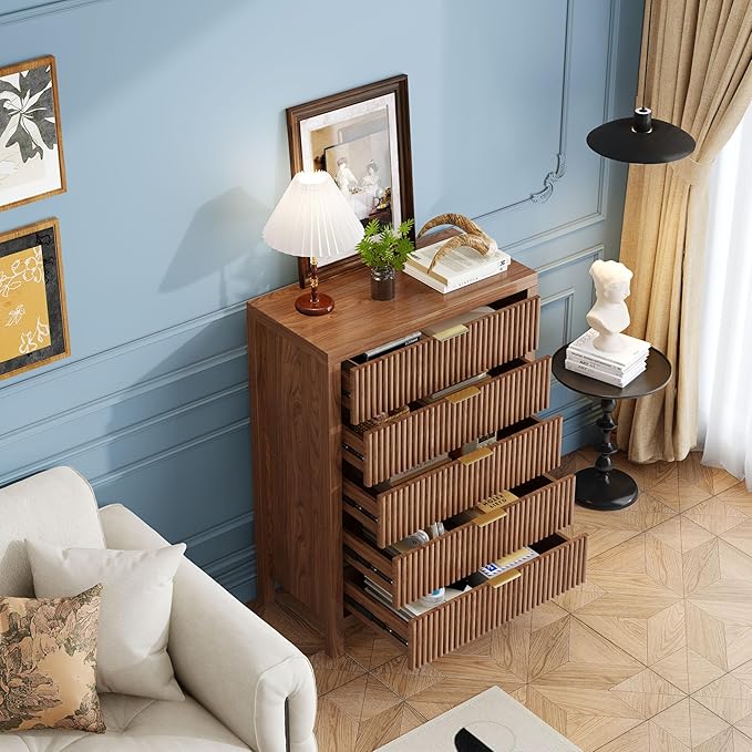 43" 5 Drawer Dresser Tall Dresser Organizer TV Drawer Cabinet Modern Wood Storage Cabinet, Modern Wood Storage Cabinet for Bedroom, Hallway, Entryway, Walnut