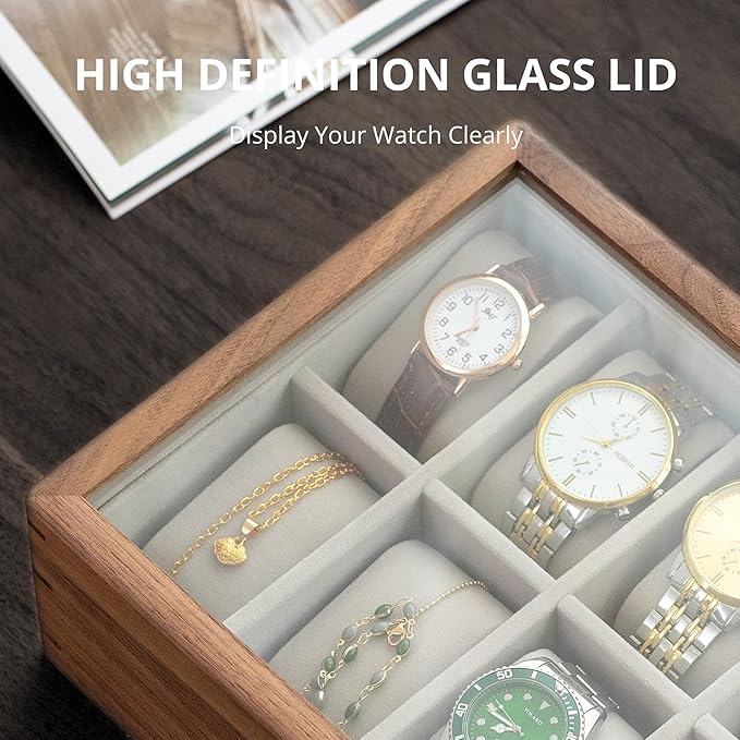 muso wood Watch Display Box, 10 Slot Watch Case for Men, Watch Organizer Box with Glass Lid, Watch Case with Removable Velvet Pillow, Father's Day Gift - 10 Slot, Walnut