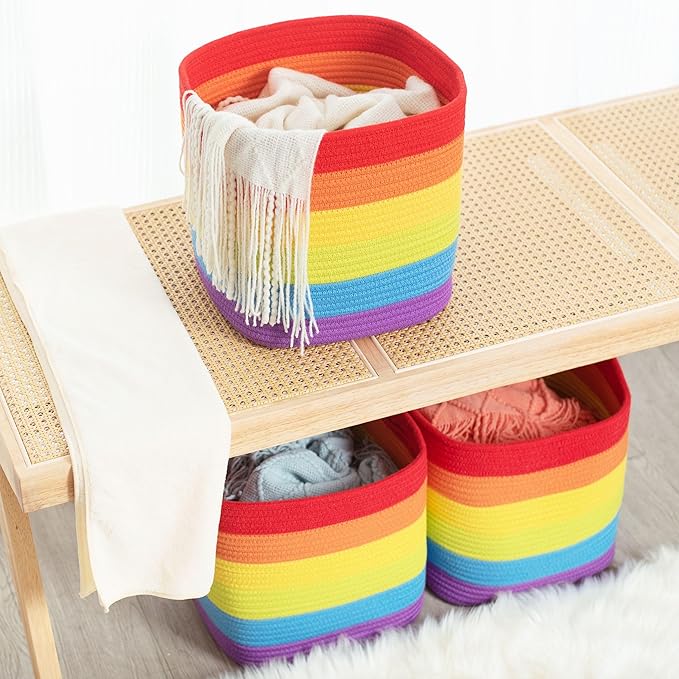MINTWOOD Design 3-Pack 11x11 Inch Cube Storage Bin, Woven Storage Cube Organizer, Closet Organizer, Cute Square Storage Bins, Decorative Classroom Bathroom Pantry and Shelf Baskets, Rainbow