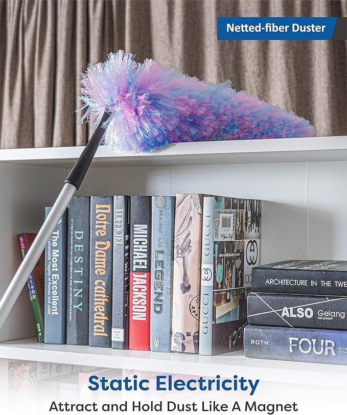 Rocktex Feather Duster Kit with 5.6ft Extension Pole, 4 Dusting Brush for Cleaning Home Wall Ceiling Fan Cobweb, Microfiber Static Washable Dusters, Pink Violet