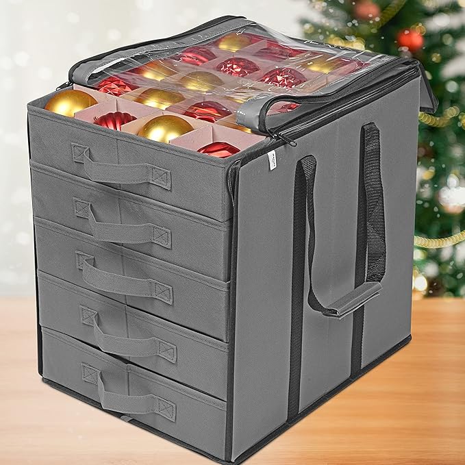 ProPik Christmas Ornament Storage Boxes with Dividers - 5 Separate Trays - Ornament Holder - Keeps 100 Holiday Ornaments - Durable Carrying Bag Handles Organizer Storage Box (Gray)
