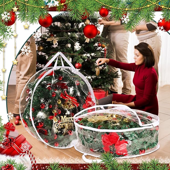 Shappy 10 Pcs 36 Inch Christmas Wreath Storage Container Clear Wreath Storage Bags PVC Waterproof Garland Bags with Clear Window Dual Zippers and Handles for Xmas Holiday Artificial Garland (White)