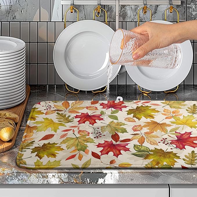 Wnoesat Fall Maple Leaves Dish Drying Mat for Kitchen Counter 18 x 24 Inch Autumn Thanksgiving Absorbent Reversible Microfiber Dish Draining Mat Washable Dish Drainer Rack Mat for Coffee Bar