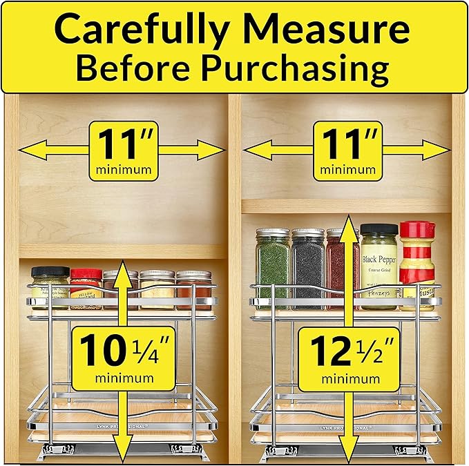 LYNK PROFESSIONAL® Élite™ Pull Out Spice Rack Organizer for Inside Kitchen Cabinets - 10-3/8 inch Wide - Slide Out Drawer – Wood/Chrome Sliding Spice Cabinet Organization Shelf Racks - 2 Tier