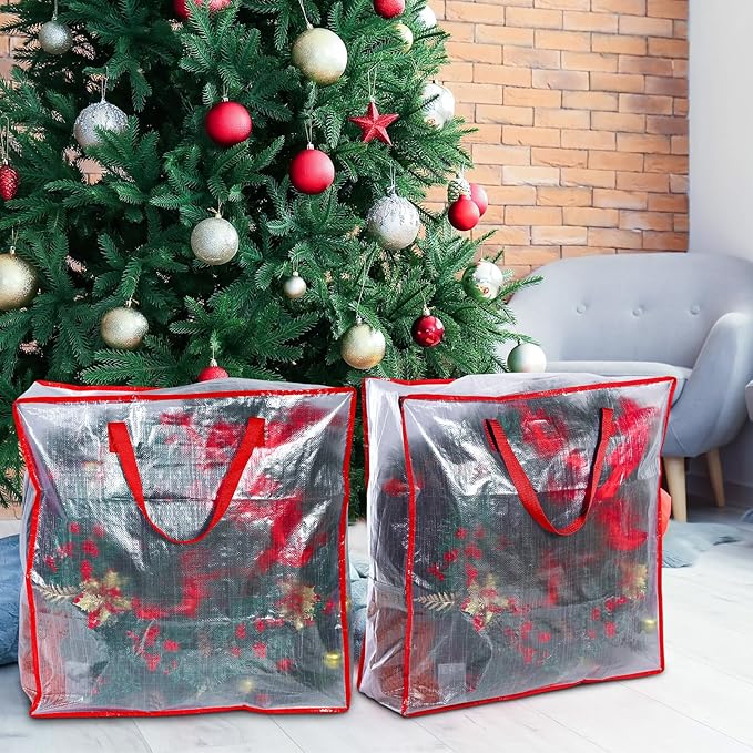8 Pcs Clear Wreath Storage Bags 26 Inch Christmas Decoration Garland Container Door Garland Holiday Wreath Storage Holder with Handle and Zipper Heavy Duty Plastic Packing Totes(Red)