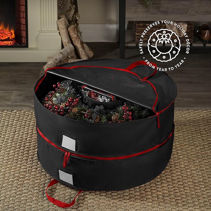 ZOBER Christmas Wreath Storage Container 36 Inch - Wreath Bag Fits 2 Wreaths Box - 600D Oxford Fabric - Interior Compartment for Storing Garlands, Wreaths Storage Bag W Strong Durable Handles - Black