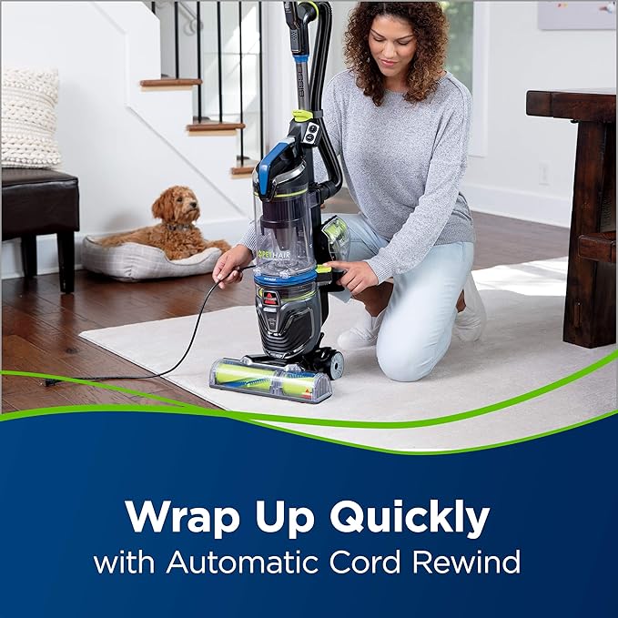 Bissell Pet Hair Eraser Turbo Rewind Vacuum, Lightweight, Automatic Cord Rewind, Tangle-Free Brush Roll, Headlights, Powerful Pet Hair Pickup, SmartSeal Allergen System, Blue, 27909