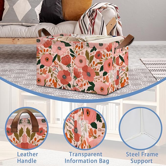 Retro Pink Flower Storage Basket with Handles,Leaves Collapsible Rectangle Organizer Bin for Room Decoration Books Box Baskets 17x11.5x10Inch