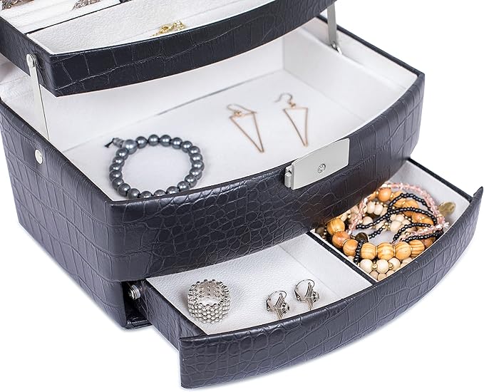Internet's Best Faux Leather 3-Tier Jewelry Case | Slide Open Jewelry Box | Multi Compartment for Rings, Earings, Necklaces & Bracelets | Interior Mirror | Black