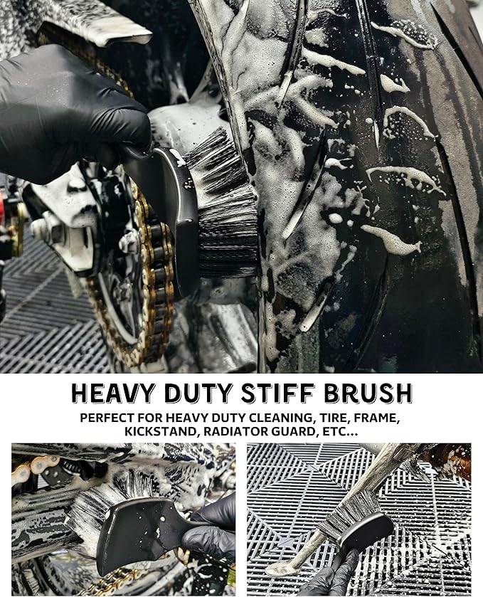Motorcycle Cleaning Brush Kit 6 Pack, Easy Reach Brush, Chain Brush,Wool Wash Mitt, Stiff Tire Brush, Detailing Brush& Microfiber Towel for Motorcycle Mudguard, Rims,Exhaust, Frame Detailing Wash Kit