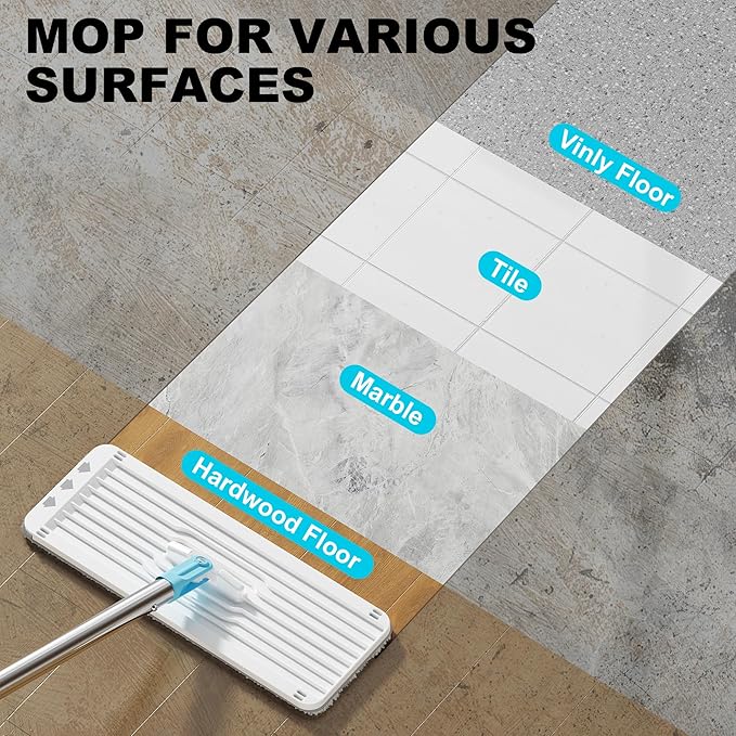 BEJOMOP Mop and Bucket Set with Wringer, Dry & Wet Wall Mop Cleaner with Long Handle, Flat Squeeze Spin Dust Mop for Household Floor Cleaning with 4 Microfiber Mops, Turquoise-Cyan