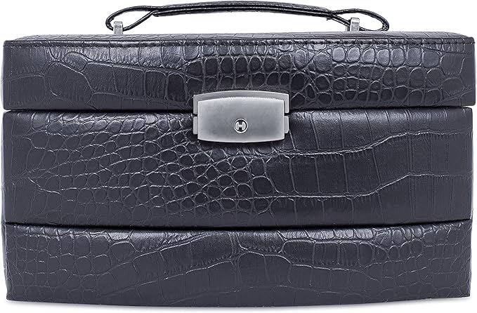 Internet's Best Faux Leather 3-Tier Jewelry Case | Slide Open Jewelry Box | Multi Compartment for Rings, Earings, Necklaces & Bracelets | Interior Mirror | Black