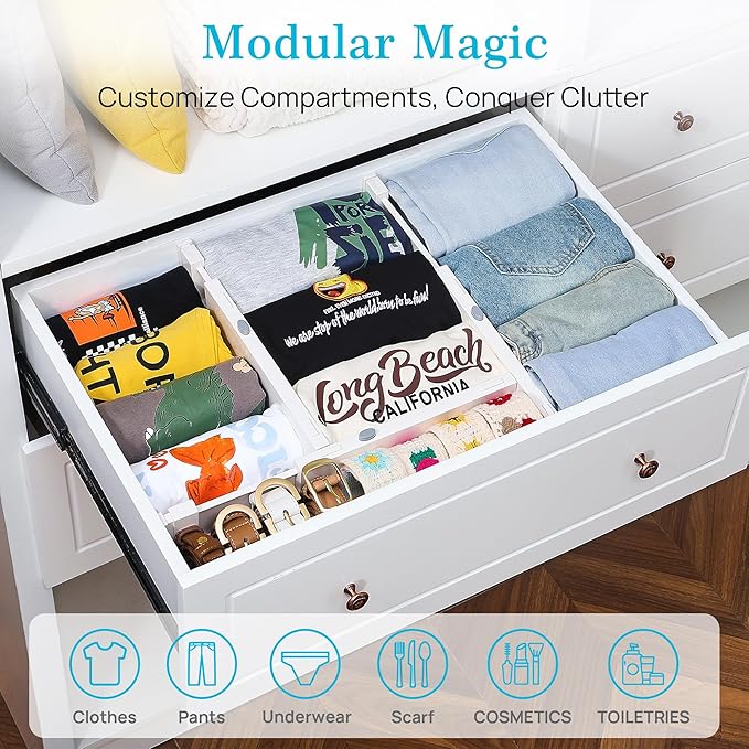 Vtopmart 16 Pack Drawer Dividers for Clothes, 4" High 11.3"-17" Adjustable Expandable Dresser Drawer Organizer, Plastic Drawers Separator for Dresser, Baby Clothes, Underwear, Kitchen & Office Storage