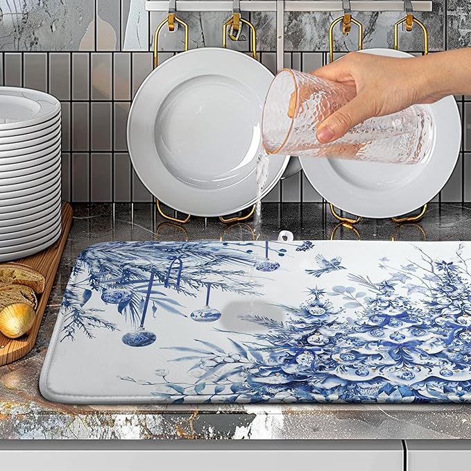 Wnoesat Christmas Tree Dish Drying Mat for Kitchen Counter 18x24 Inch Blue White Chinoiserie Winter Xmas Holiday Drying Mats Microfiber Absorbent Dish Draining Reusable Dish Drainer Pad