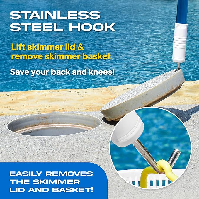 The Skimmie (Long Version) Pool Skimmer Net & Pole 53" with Stainless Steel Hook, Two Skimmer Basket Handles, Fine Mesh Net & Skimmie Dip - Hands-Free Removal of Debris, Bugs, Frogs, Small, Animals