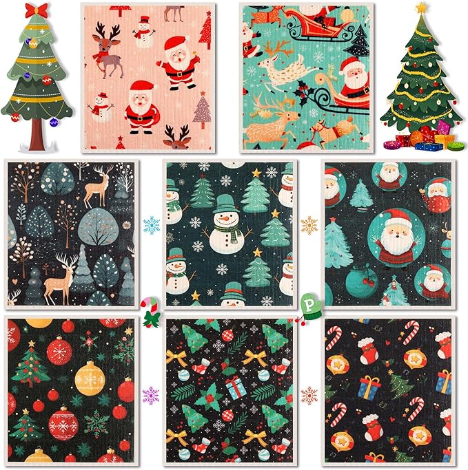 Lucomb 8 Pack Christmas Swedish Dishcloths Reusable, Kitchen Sponges Soft Absorbent Dish Towels Swedish Dish Cloths Washable Decorative for Kitchen Washing Dishes Bathroom Office Hand Towel Cleaning