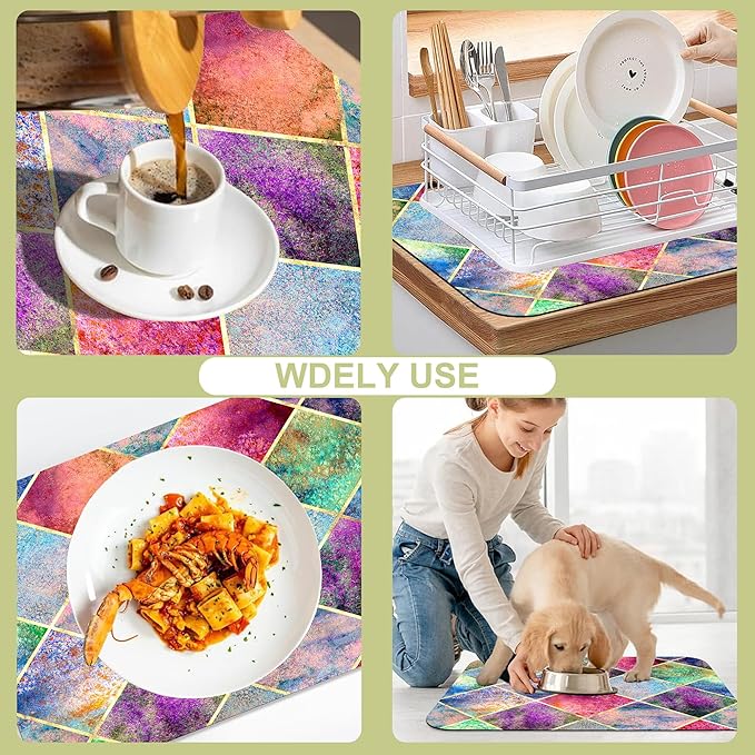 Watercolor Argyle Plaid Dish Drying Mat Abstract Geometric Plaid Kitchen Mat 16"x24" Bsorbent Coffee Maker Mat for Dishes Utensils Coffee Maker Pots and Pans Easy Clean Dish Slip Resistant Pad
