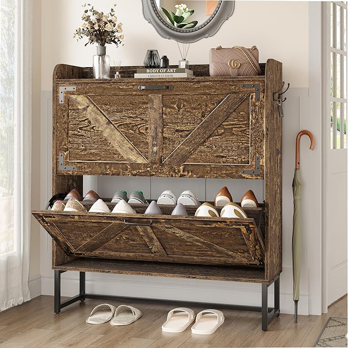 Narrow Shoe Storage Cabinet, Hidden Shoe Cabinet with 4 Wooden Legs,31.5" W Farmhouse Style Freestanding Shoe Rack, Rustic Brown Shoe Cabinet with 2 Flip Drawers for Entryway, Hallways