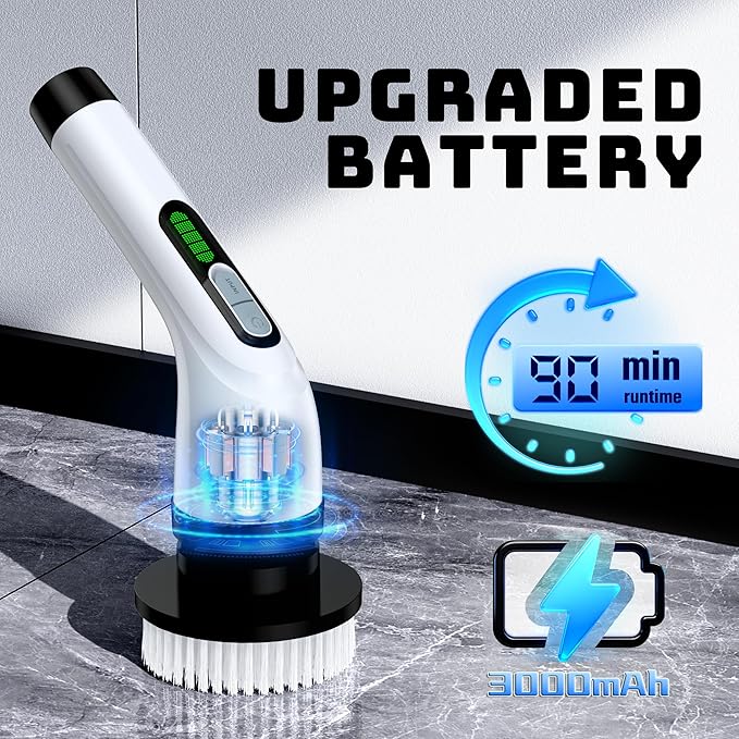 VigorDay Electric Spin Scrubber - Cordless Bathroom Scrubber with 7 Brush Heads - Dual Speed IPX7 Waterproof Power Scrubber for Heavy-Duty Bathtub, Glass, Tile, and Car Cleaning (White)