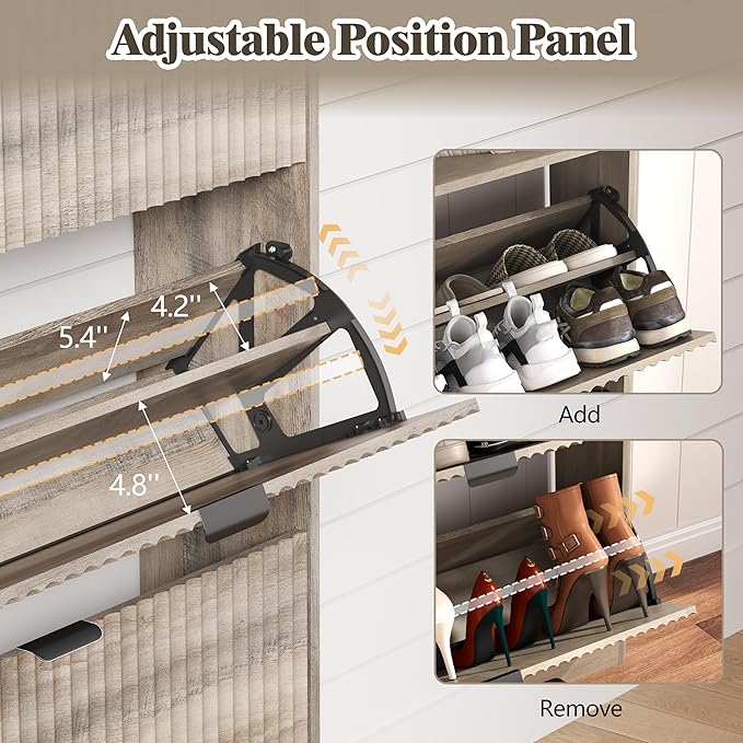 Shoe Cabinet Storage for Entryway with 4 Flip Drawers, Fluted Narrow Shoe Organizer with Wooden Legs & Top Cubby, Freestanding Slim Shoe Storage Hidden Shoe Rack for Front Door Entrance, Grey