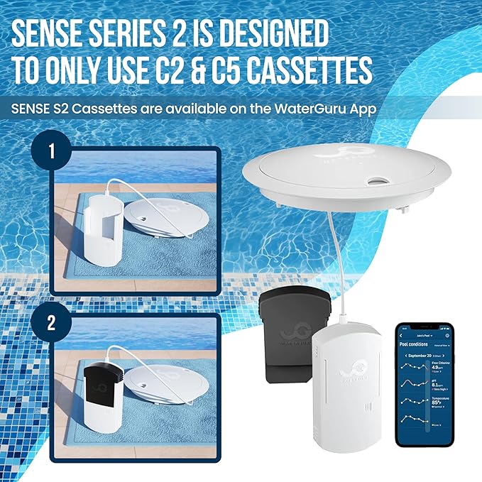WaterGuru Sense S2 Smart Pool Monitor – Digital Pool & Spa Water Tester for Chlorine, pH, CYA & Alkalinity – Wi-Fi Enabled – Includes C5 Cassette, Float Ring & Batteries