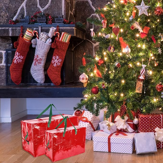 Shappy 6 Pcs Heavy Duty Christmas Storage Bags Extra Large Ornaments Container Moving Bags Xmas Decoration Organizer Storage Bag(Red,65 x 30", 24 x 16", 12 x 12")