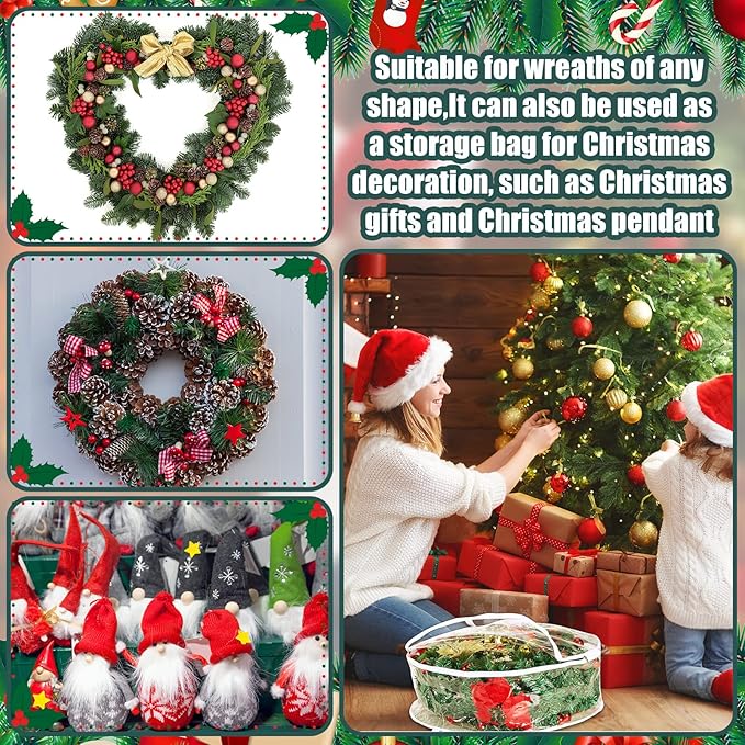 Shappy 6 Pieces Clear Christmas Wreath Storage Container 24 Inches Xmas Wreath Storage Bag Plastic Christmas Garland Container with Dual Zippers and Reinforced Handles for Xmas Seasonal (Clear)