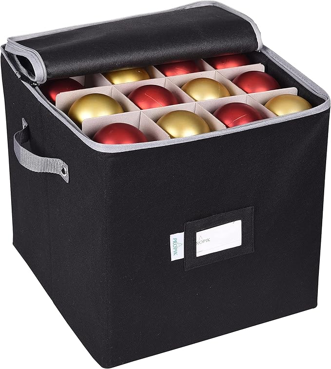 ProPik Christmas Ornament Storage Box, 4 Tier Holds Up to 64 Holiday Ornaments Decoration Balls, Storage Container with Dividers for 3” Bulbs, Made with Durable Oxford Polyester Material (Black)